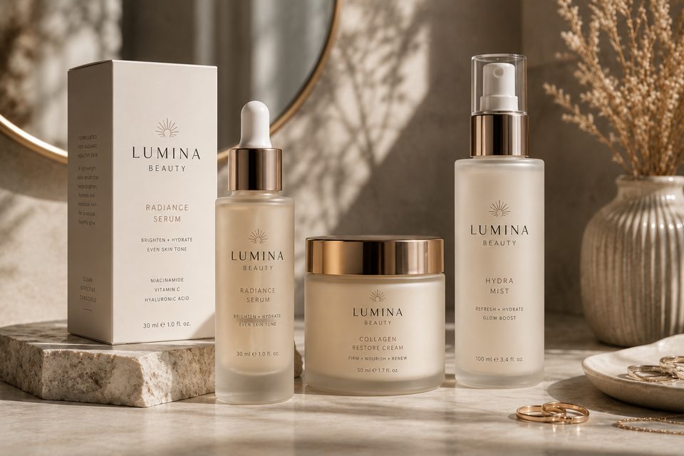 Rozświetlająca pielęgnacja twarzy - serum, krem, pompka airless